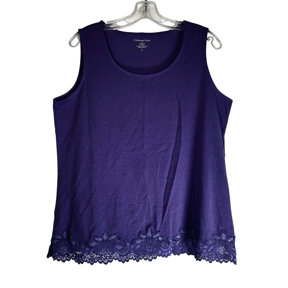 Coldwater Creek Purple Lace Trim Tank Top Scoop Neck Sleeveless Size L 14